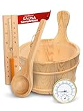 holz4home® Sauna Eimer Set I Hochwertiges Saunazubehör Eimer mit Kelle Sanduhr Thermometer Hygrometer I Hitzebeständiges Sauna Set aus Holz I Komplettset Fasssauna Saunakübel mit Einsatz