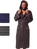 Morgenstern Waffelpique Bademantel Herren in Anthrazit wadenlang Männer Morgenmantel Bienenwabe Kapuze Größe XXXXXL Saunamantel Duschmantel Sommer
