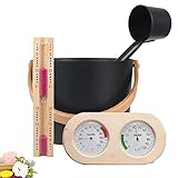 4Stck 7L Sauna Eimer, Sauna Komplett Set Sauna Eimer mit Kelle aus Hochwertigem Finnischen Kiefern Holz Sauna Zubehör Saunakübel Aufgusseimer (Sauna Eimer + Kelle + Thermometer Hygrometer + Sanduhr)