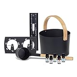 SULENO -Saunazubehör-Set KJELL 9-teilig | inklusive Aluminium-Aufgusskübel & Schöpfkelle mit Bambusgriff, Sauna-Thermometer & Hygrometer, Sanduhr & 5 Saunaöle